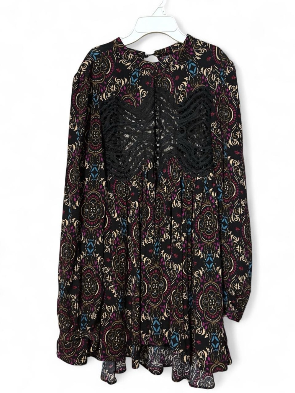 Free People Boho Black Printed Lace-Front Long Sleeve Tunic
